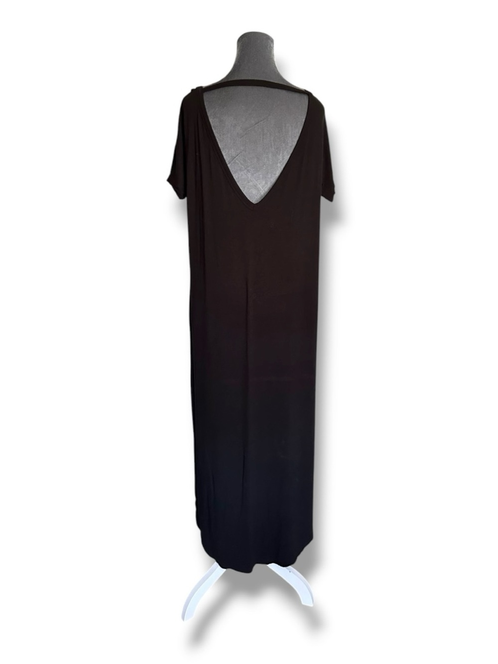 Black Stretch Knit Deep V Back Strap Maxi Dress L Slinky Short Sleeve Sundress
